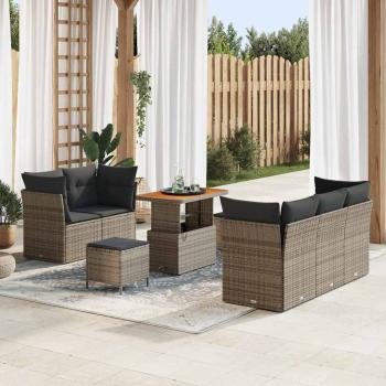 ARDEBO.de - 8-teiliges Garten-Sofa-Set mit Kissen Grau Poly-Rattan Akazie, 3-teiliges Garten-Dining-Set mit Kissen Grau Poly-Rattan Akazie