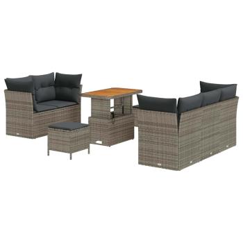 8-teiliges Garten-Sofa-Set mit Kissen Grau Poly-Rattan Akazie, 3-teiliges Garten-Dining-Set mit Kissen Grau Poly-Rattan Akazie