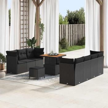 ARDEBO.de - 10-teiliges Garten-Sofa Set mit Kissen Schwarz Poly-Rattan Akazie, 3-teiliges Garten-Esszimmer-Set mit Kissen Schwarz Poly-Rattan Akazie