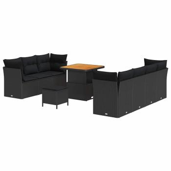 10-teiliges Garten-Sofa Set mit Kissen Schwarz Poly-Rattan Akazie, 3-teiliges Garten-Esszimmer-Set mit Kissen Schwarz Poly-Rattan Akazie
