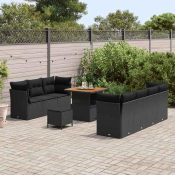 10-teiliges Garten-Sofa Set mit Kissen Schwarz Poly-Rattan Akazie, 3-teiliges Garten-Esszimmer-Set mit Kissen Schwarz Poly-Rattan Akazie