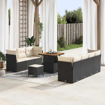 ARDEBO.de - 10-teiliges Garten Sofa Set mit Kissen Schwarz Poly Rattan Akazie, 3-teiliges Garten Essset mit Kissen Schwarz Poly Rattan Akazie