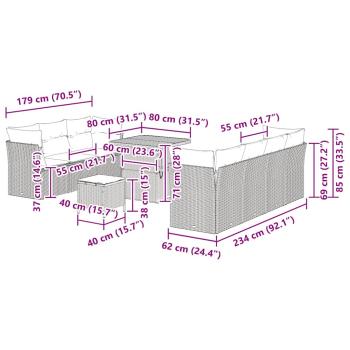 10-teiliges Garten Sofa Set mit Kissen Grau Poly Rattan Akazie, 3-teiliges Garten Essset mit Kissen Grau Poly Rattan Akazie