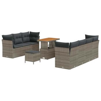 10-teiliges Garten Sofa Set mit Kissen Grau Poly Rattan Akazie, 3-teiliges Garten Essenset mit Kissen Grau Poly Rattan Akazie