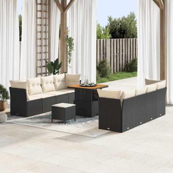 ARDEBO.de - 11-teiliges Garten Sofa Set mit Kissen ? Schwarz ? Poly Rattan ? Akazie, 3-teiliges Garten Essset mit Kissen ? Schwarz ? Poly Rattan ? Akazie