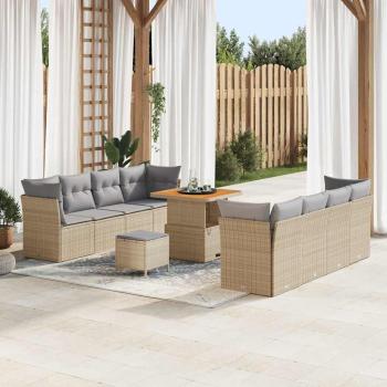 ARDEBO.de - 11-teiliges Garten-Sofa-Set mit Kissen Beige Poly Rattan Akazie, 3-teiliges Garten-Dining-Set mit Kissen Beige Poly Rattan Akazie