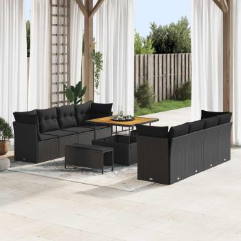 ARDEBO.de - 11-teiliges Garten Sofa Set mit Kissen Schwarz Poly Rattan Akazie, 3-teiliges Garten Esszimmer Set mit Kissen Schwarz Poly Rattan Akazie