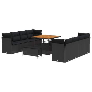 11-teiliges Garten Sofa Set mit Kissen Schwarz Poly Rattan Akazie, 3-teiliges Garten Esszimmer Set mit Kissen Schwarz Poly Rattan Akazie