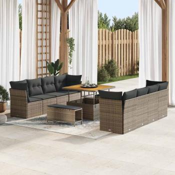 ARDEBO.de - 11-teiliges Garten-Sofa-Set mit Kissen Grau Poly Rattan Akazie, 3-teiliges Garten-Esstisch-Set mit Kissen Grau Poly Rattan Akazie