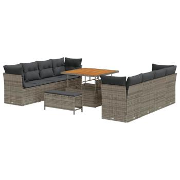 11-teiliges Garten-Sofa-Set mit Kissen Grau Poly Rattan Akazie, 3-teiliges Garten-Esstisch-Set mit Kissen Grau Poly Rattan Akazie