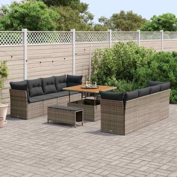 11-teiliges Garten-Sofa-Set mit Kissen Grau Poly Rattan Akazie, 3-teiliges Garten-Esstisch-Set mit Kissen Grau Poly Rattan Akazie