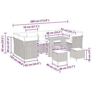 10-teiliges Garten-Sofa-Set mit Kissen Grau Poly-Rattan Akazie, 3-teiliges Garten-Ess-Set mit Kissen Grau Poly-Rattan Akazie