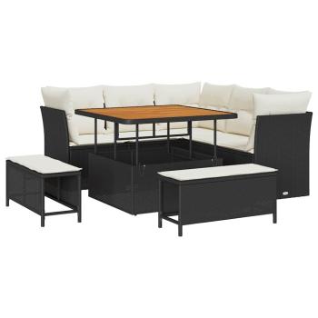 8-teiliges Garten Sofa Set mit Kissen Schwarz Poly Rattan Akazie, 3-teiliges Garten Esszimmer Set mit Kissen Schwarz Poly Rattan Akazie