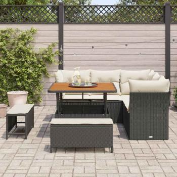 8-teiliges Garten Sofa Set mit Kissen Schwarz Poly Rattan Akazie, 3-teiliges Garten Esszimmer Set mit Kissen Schwarz Poly Rattan Akazie