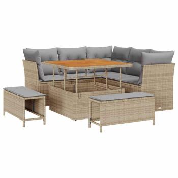 8-teiliges Garten-Sofa-Set mit Kissen Beige Poly-Rattan Akazie, 3-teiliges Garten-Esszimmer-Set mit Kissen Beige Poly-Rattan Akazie
