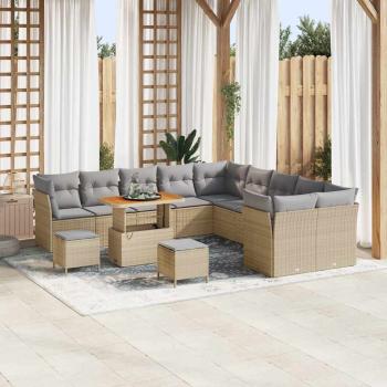 ARDEBO.de - 13-teiliges Garten Sofa Set mit Kissen Beige Poly Rattan Akazie, 3-teiliges Garten Esstisch Set mit Kissen Beige Poly Rattan Akazie