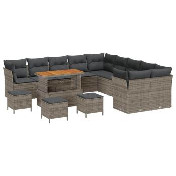 ARDEBO.de - 14-teiliges Garten-Sofa-Set mit Kissen Grau Poly-Rattan Akazie, 4-teiliges Garten-Dining-Set mit Kissen Grau Poly-Rattan Akazie