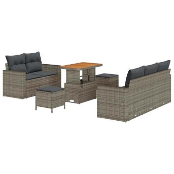 8-teiliges Garten Sofa Set mit Kissen Grau Poly Rattan Akazie, 3-teiliges Garten Essenset mit Kissen Grau Poly Rattan Akazie