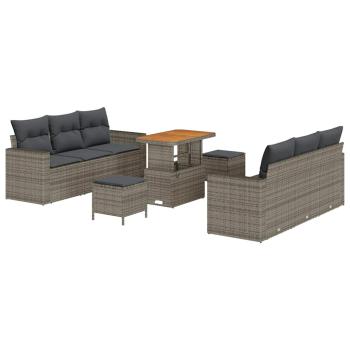 9-teiliges Gartensofa Set mit Kissen Grau Poly-Rattan Akazie, 3-teiliges Gartendining Set mit Kissen Grau Poly-Rattan Akazie