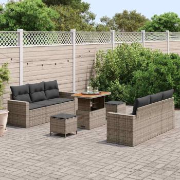 9-teiliges Gartensofa Set mit Kissen Grau Poly-Rattan Akazie, 3-teiliges Gartendining Set mit Kissen Grau Poly-Rattan Akazie