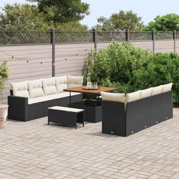 ARDEBO.de - 11-teiliges Garten-Sofa-Set mit Kissen Schwarz Poly-Rattan Akazie, 3-teiliges Garten-Ess-Set mit Kissen Schwarz Poly-Rattan Akazie
