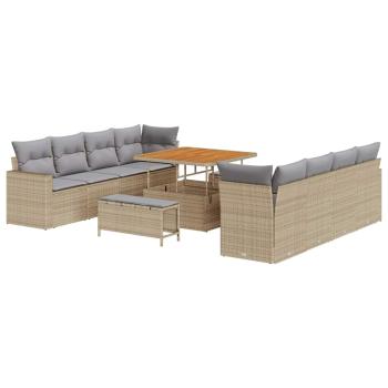 11-teiliges Garten Sofa Set mit Kissen Beige Poly Rattan Akazie, 3-teiliges Garten Esstisch Set mit Kissen Beige Poly Rattan Akazie