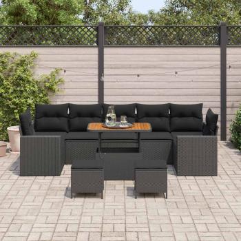10-teiliges Garten Sofa Set mit Kissen Schwarz Poly Rattan Akazie, 3-teiliges Garten Esszimmer Set mit Kissen Schwarz Poly Rattan Akazie