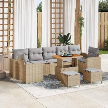 ARDEBO.de - 10-teiliges Garten Sofa Set mit Kissen Beige Poly Rattan Akazie, 3-teiliges Garten Esszimmer Set mit Kissen Beige Poly Rattan Akazie
