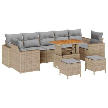 10-teiliges Garten Sofa Set mit Kissen Beige Poly Rattan Akazie, 3-teiliges Garten Esszimmer Set mit Kissen Beige Poly Rattan Akazie