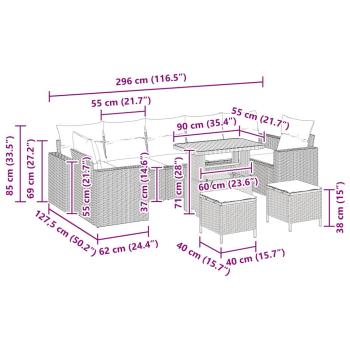 10-teiliges Garten Sofa Set mit Kissen Grau Poly Rattan Akazie, 3-teiliges Garten Essenset mit Kissen Grau Poly Rattan Akazie