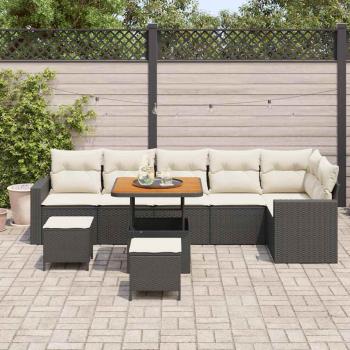 9-teiliges Garten Sofa Set mit Kissen Schwarz Poly Rattan Akazie, 3-teiliges Garten Essenset mit Kissen Schwarz Poly Rattan Akazie