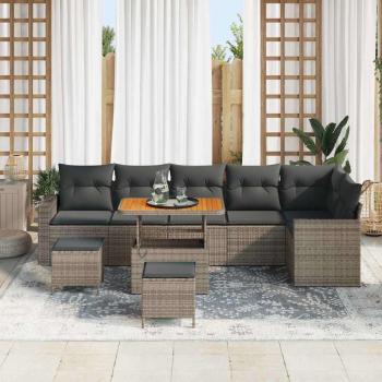 9-teiliges Garten-Sofa-Set mit Kissen Grau Poly Rattan Akazie, 3-teiliges Garten-Ess-Set mit Kissen Grau Poly Rattan Akazie