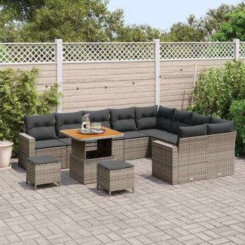 12-teiliges Garten Sofa Set mit Kissen Grau Poly Rattan Akazie, 3-teiliges Garten Essset mit Kissen Grau Poly Rattan Akazie
