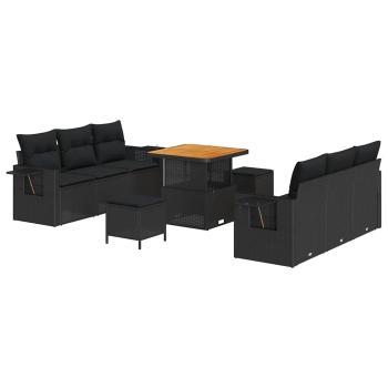 9-teiliges Garten Sofa Set mit Kissen Schwarz Poly Rattan Akazie, 3-teiliges Garten Essset mit Kissen Schwarz Poly Rattan Akazie