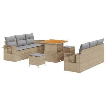 ARDEBO.de - 9-teiliges Garten Sofa Set mit Kissen Beige Poly Rattan Akazie, 3-teiliges Garten Esszimmer Set mit Kissen Beige Poly Rattan Akazie