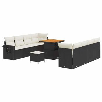 11-teiliges Garten-Sofa-Set mit Kissen Schwarz Poly-Rattan Akazie, 3-teiliges Garten-Dining-Set mit Kissen Schwarz Poly-Rattan Akazie