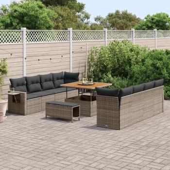 ARDEBO.de - 11-teiliges Garten Sofa Set mit Kissen Grau Poly Rattan Akazie, 3-teiliges Garten Esszimmer Set mit Kissen Grau Poly Rattan Akazie