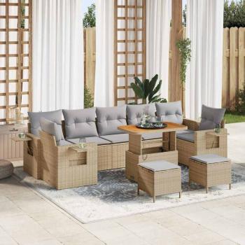 ARDEBO.de - 10-teiliges Garten Sofa Set mit Kissen Beige Poly Rattan Akazie, 3-teiliges Garten Essset mit Kissen Beige Poly Rattan Akazie