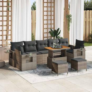 ARDEBO.de - 10-teiliges Garten Sofa Set mit Kissen Graues Poly Rattan Akazie, 3-teiliges Garten Essset mit Kissen Graues Poly Rattan Akazie