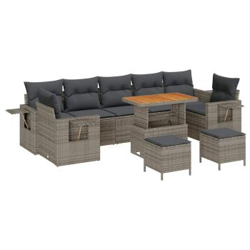 10-teiliges Garten Sofa Set mit Kissen Graues Poly Rattan Akazie, 3-teiliges Garten Essset mit Kissen Graues Poly Rattan Akazie