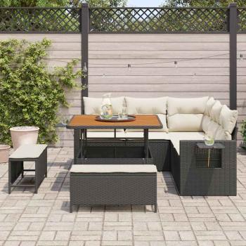 8-teiliges Garten-Sofa-Set mit Kissen Schwarz Poly-Rattan Akazie, 3-teiliges Garten-Esszimmer-Set mit Kissen Schwarz Poly-Rattan Akazie