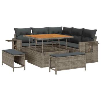 ARDEBO.de - 8-teiliges Garten Sofa Set mit Kissen Grau Poly Rattan Akazie, 3-teiliges Garten Esstisch Set mit Kissen Grau Poly Rattan Akazie