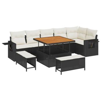 9-teiliges Garten Sofa Set mit Kissen Schwarz Poly Rattan Akazie, 3-teiliges Garten EssSet mit Kissen Schwarz Poly Rattan Akazie