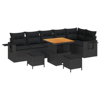 ARDEBO.de - 9-teiliges Garten-Sofaset mit Kissen Schwarz Poly-Rattan Akazie, 3-teiliges Garten-Ess-Set mit Kissen Schwarz Poly-Rattan Akazie