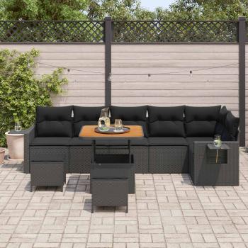 9-teiliges Garten-Sofaset mit Kissen Schwarz Poly-Rattan Akazie, 3-teiliges Garten-Ess-Set mit Kissen Schwarz Poly-Rattan Akazie