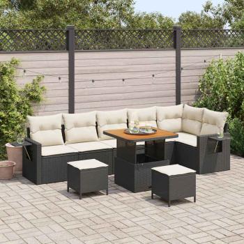 ARDEBO.de - 9-teiliges Garten Sofa Set mit Kissen Schwarz Poly Rattan Akazie, 3-teiliges Garten Esstisch Set mit Kissen Schwarz Poly Rattan Akazie