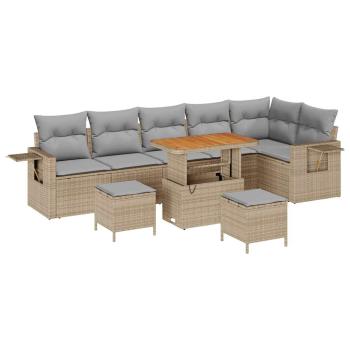 ARDEBO.de - 9-teiliges Garten Sofa Set mit Kissen Beige Poly Rattan Akazie, 3-teiliges Garten Esszimmer Set mit Kissen Beige Poly Rattan Akazie