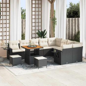 ARDEBO.de - 12-teilige Garten Sofaset mit Kissen Schwarz Poly Rattan Akazie, 3-teilige Garten Essgruppe mit Kissen Schwarz Poly Rattan Akazie