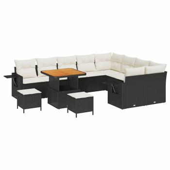 12-teilige Garten Sofaset mit Kissen Schwarz Poly Rattan Akazie, 3-teilige Garten Essgruppe mit Kissen Schwarz Poly Rattan Akazie