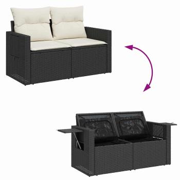 12-teilige Garten Sofaset mit Kissen Schwarz Poly Rattan Akazie, 3-teilige Garten Essgruppe mit Kissen Schwarz Poly Rattan Akazie